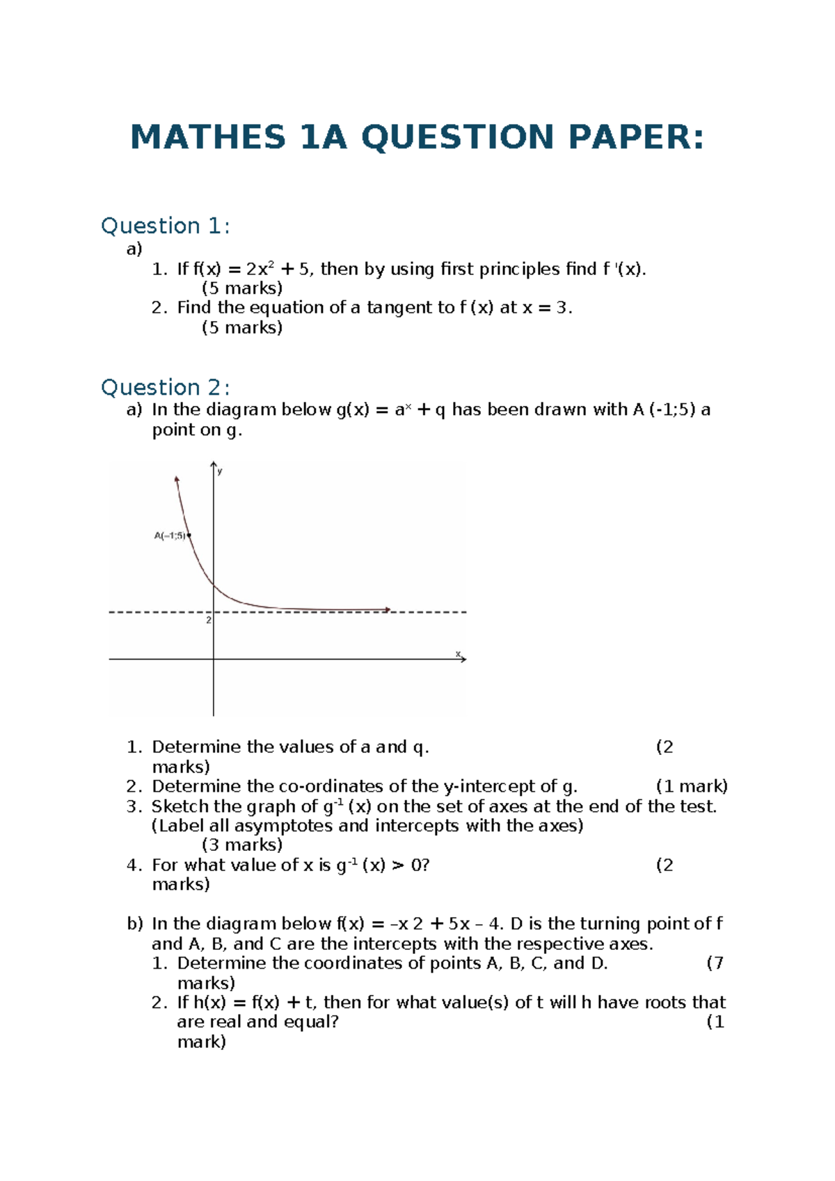 Mathes 1A Final Exam Question Paper and Answer Sheet - Studocu