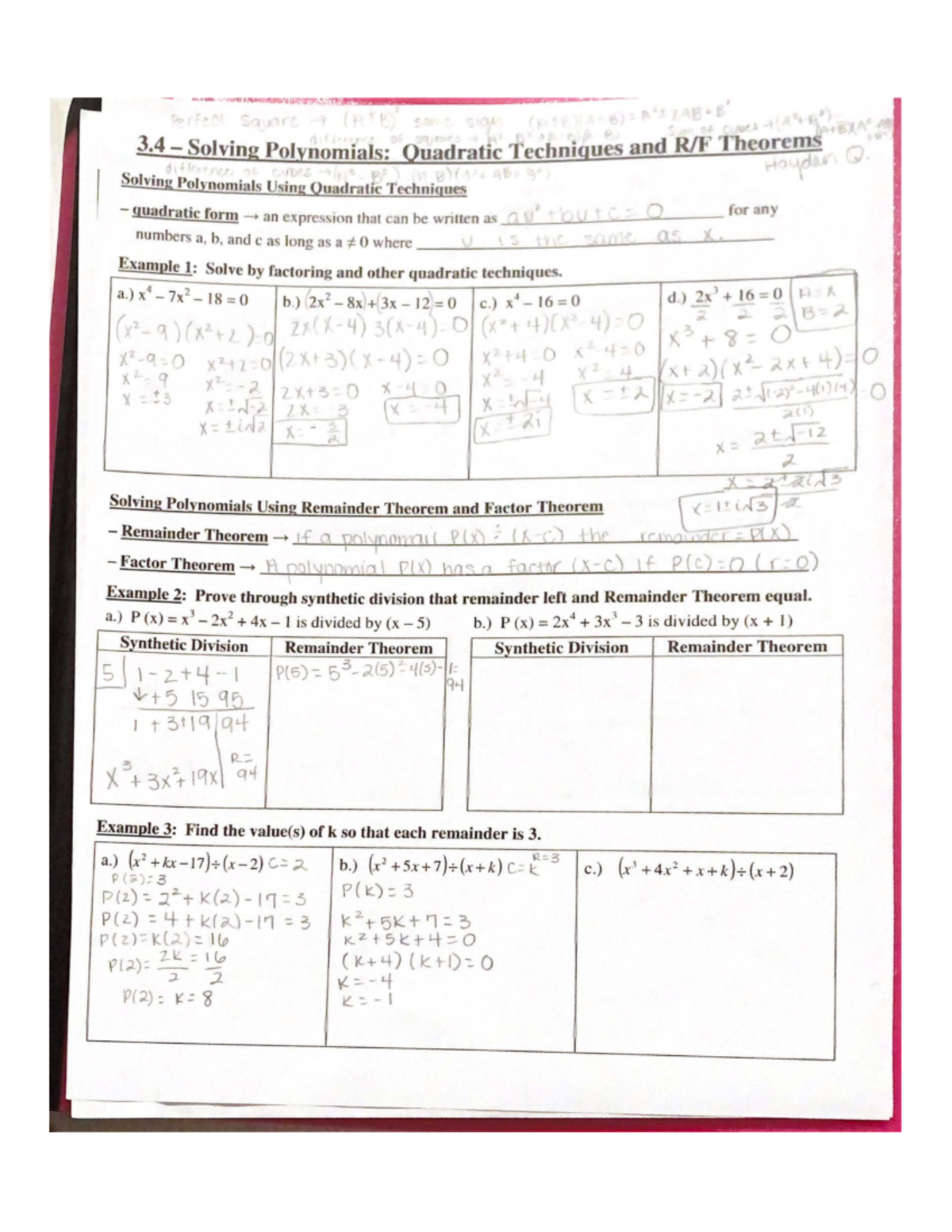 3.4 - Solving Polynomials: Quadratic Techniques & Remainder Theorems ...