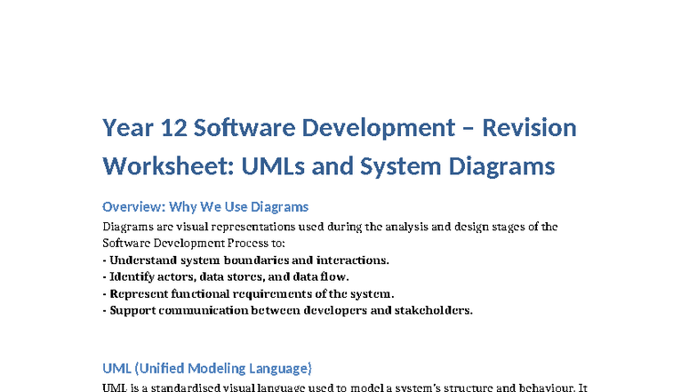 Year 12 Software Development Revision: UMLs & System Diagrams Overview ...