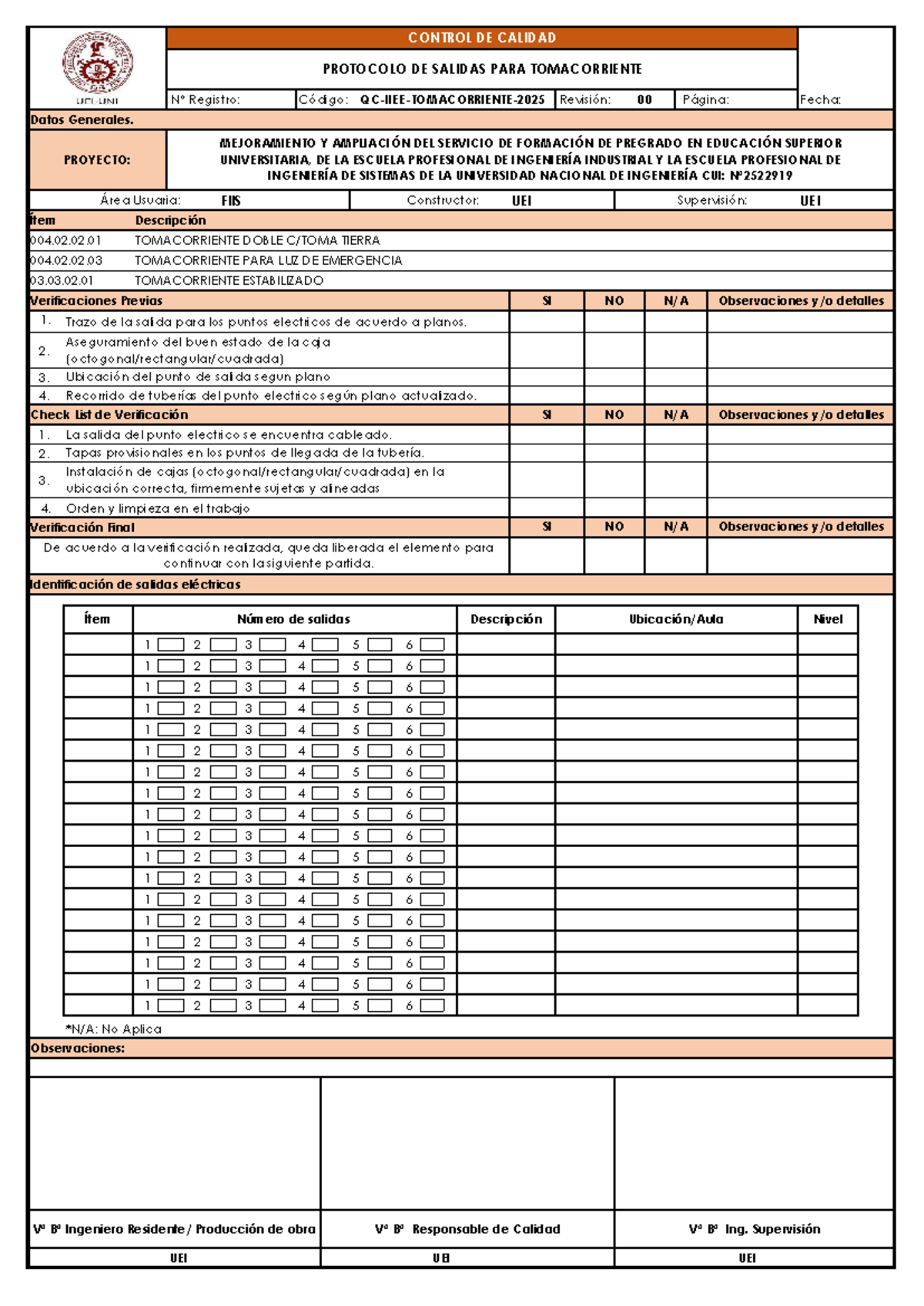 CONTROL DE CALIDAD: PROTOCOLO DE SALIDAS ELÉCTRICAS UEI - Document Preview
