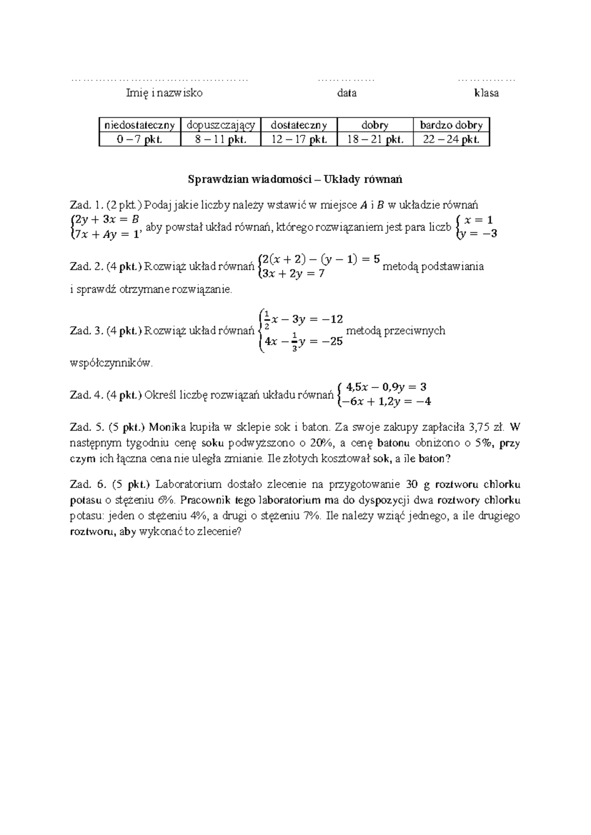 Układy Równań Sprawdzian 2 Gimnazjum Gwo www.studocu.com