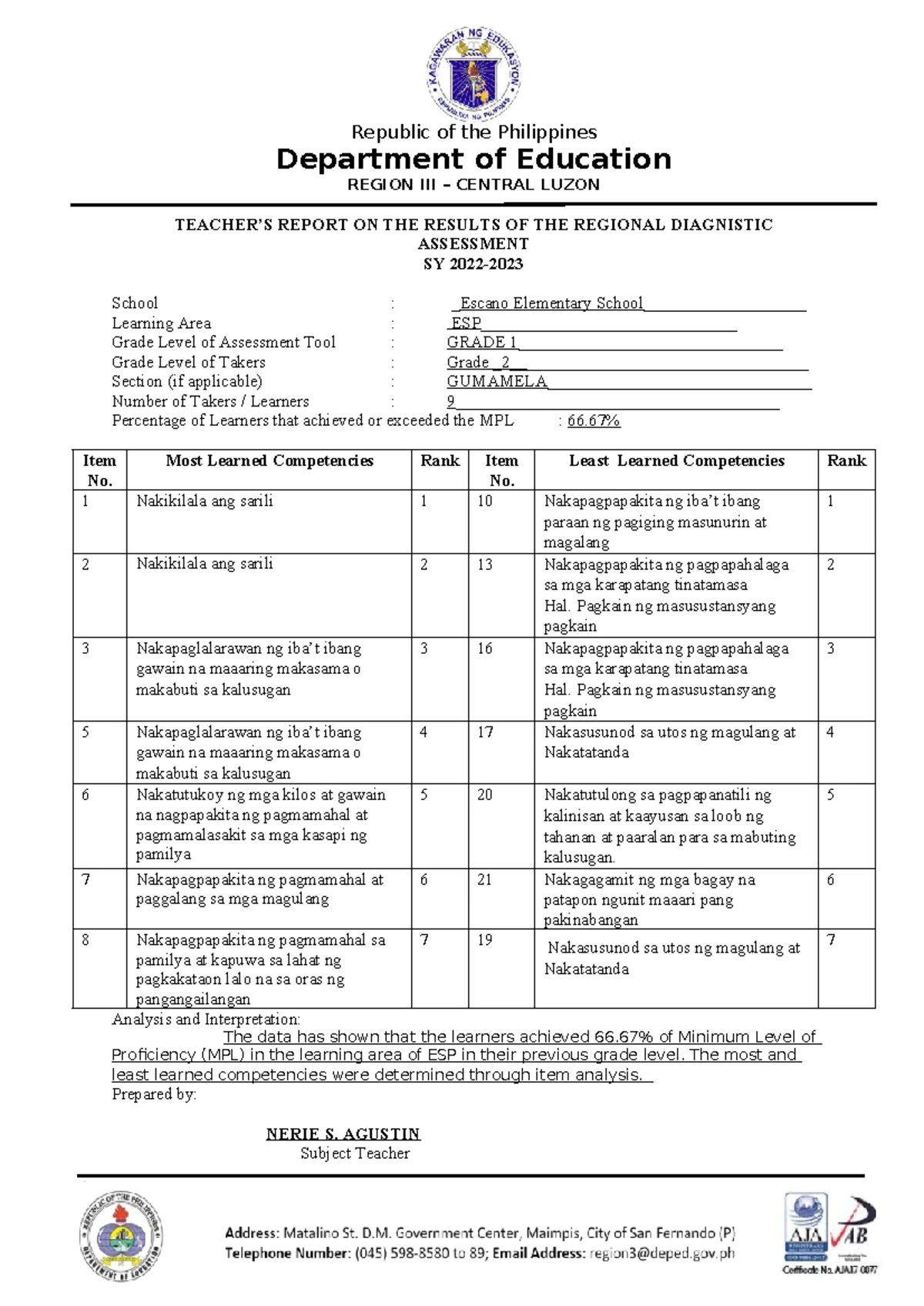 Regional Diagnostic Assessment Results Report - Escano ES ESP 2023 ...