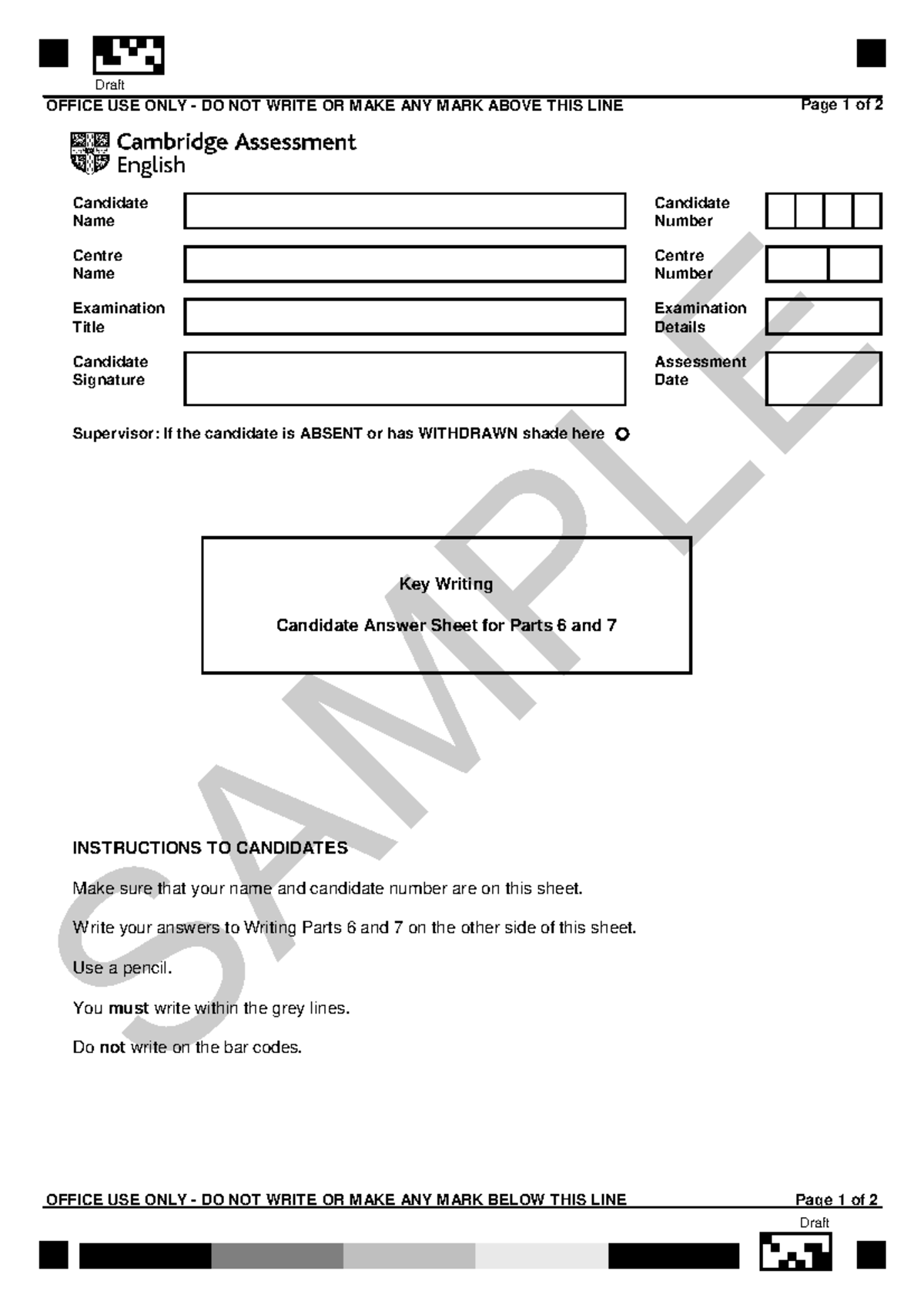 A2 Key Writing Sample Answer Sheet - Parts 6 & 7 - Studocu