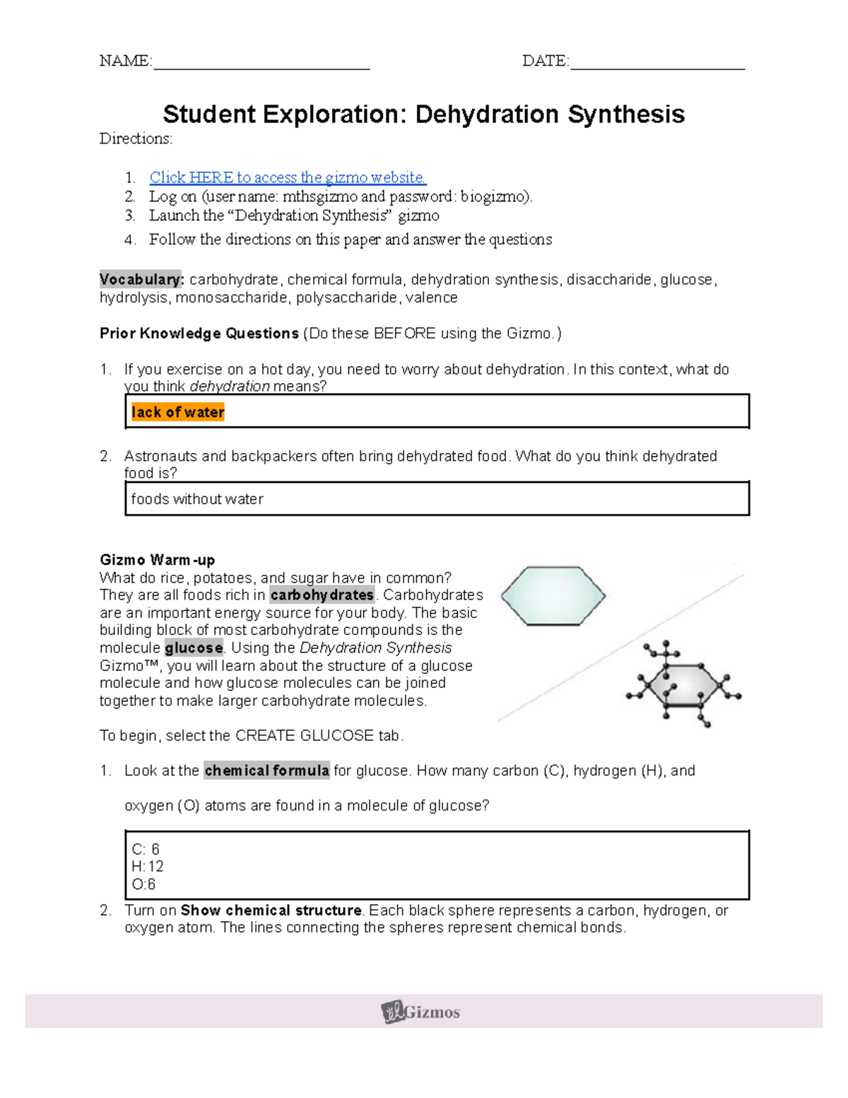 Dehydration Synthesis Exploration using Gizmo - 4735086 - Studocu