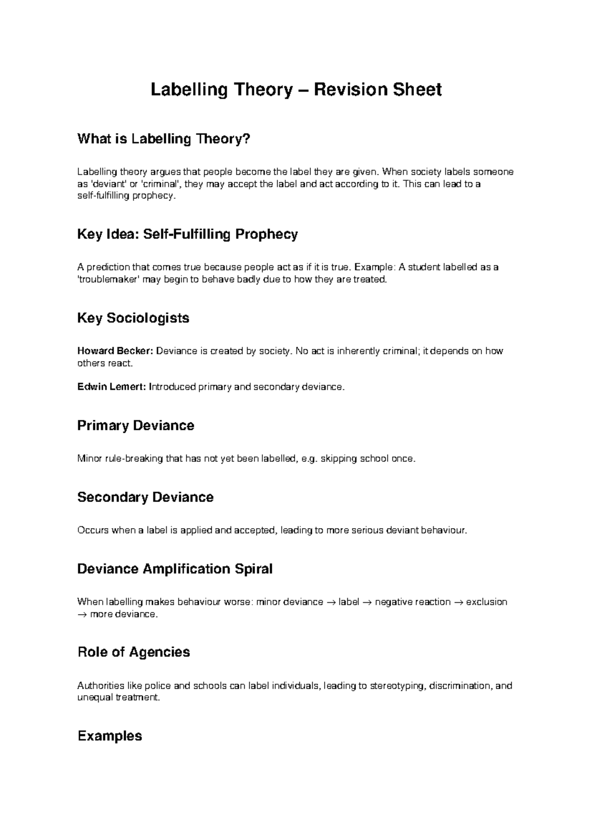 Labelling Theory Revision Notes: Key Concepts & Sociologists - Studocu
