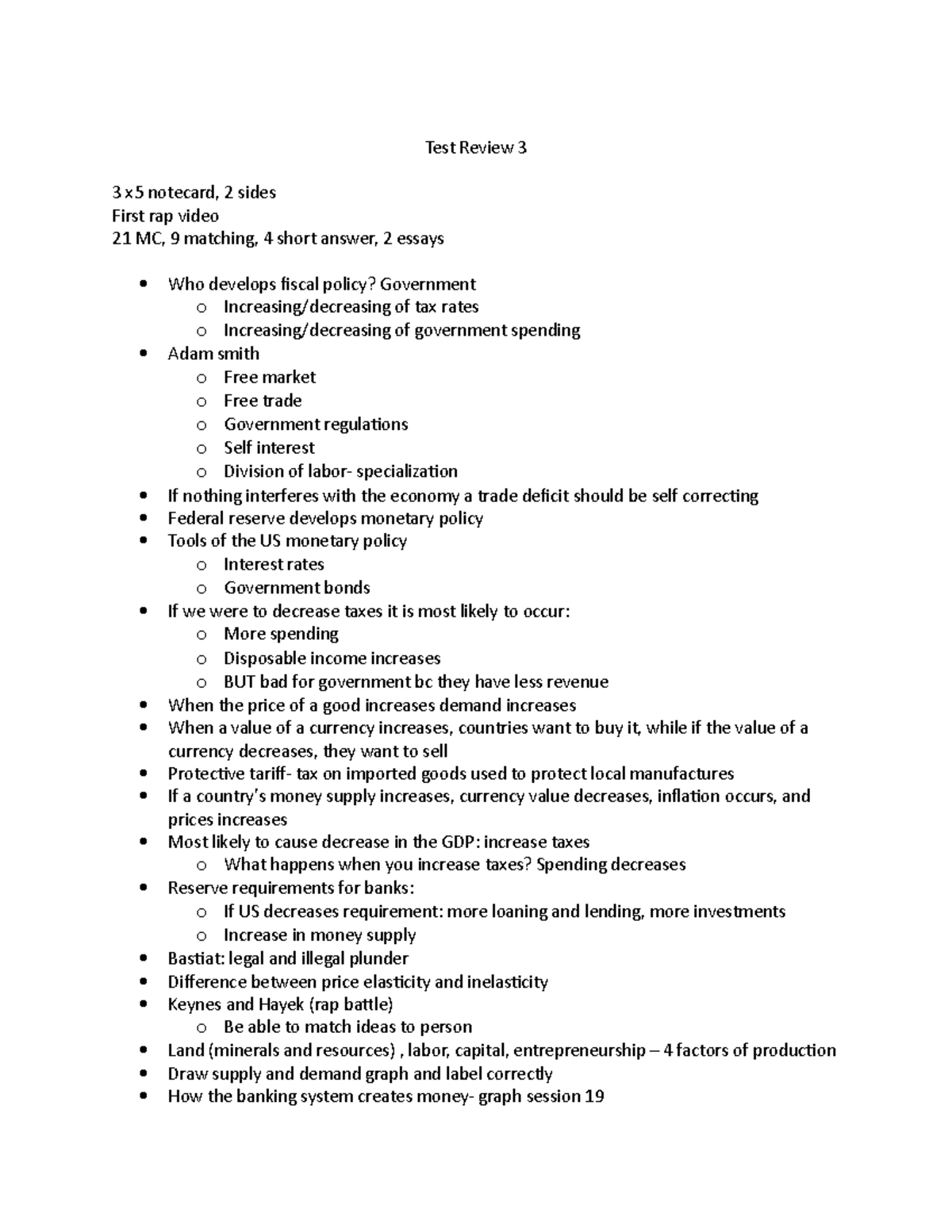 Econ 101 Test Review 3: Fiscal Policy, Trade, and Monetary Concepts ...