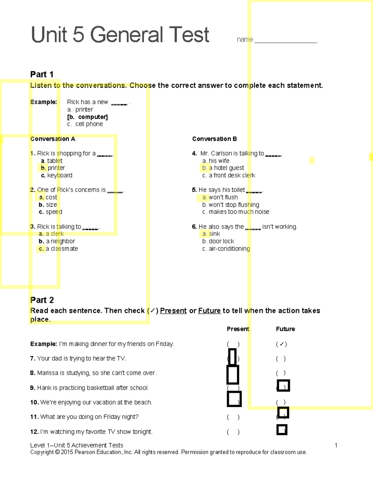 Top Notch 1 Unit 5 General Assessment and Achievement Tests - Studocu