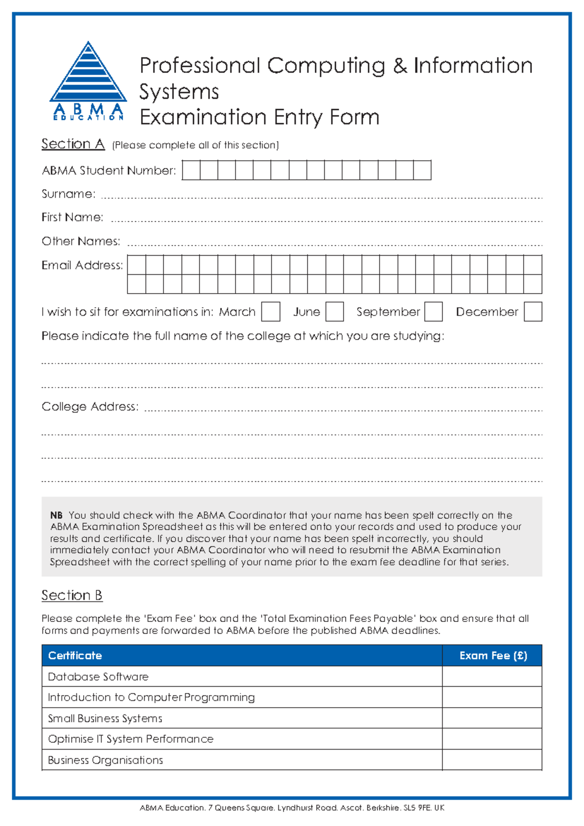 Professional Computing and Information Systems Examination Entry Form ...