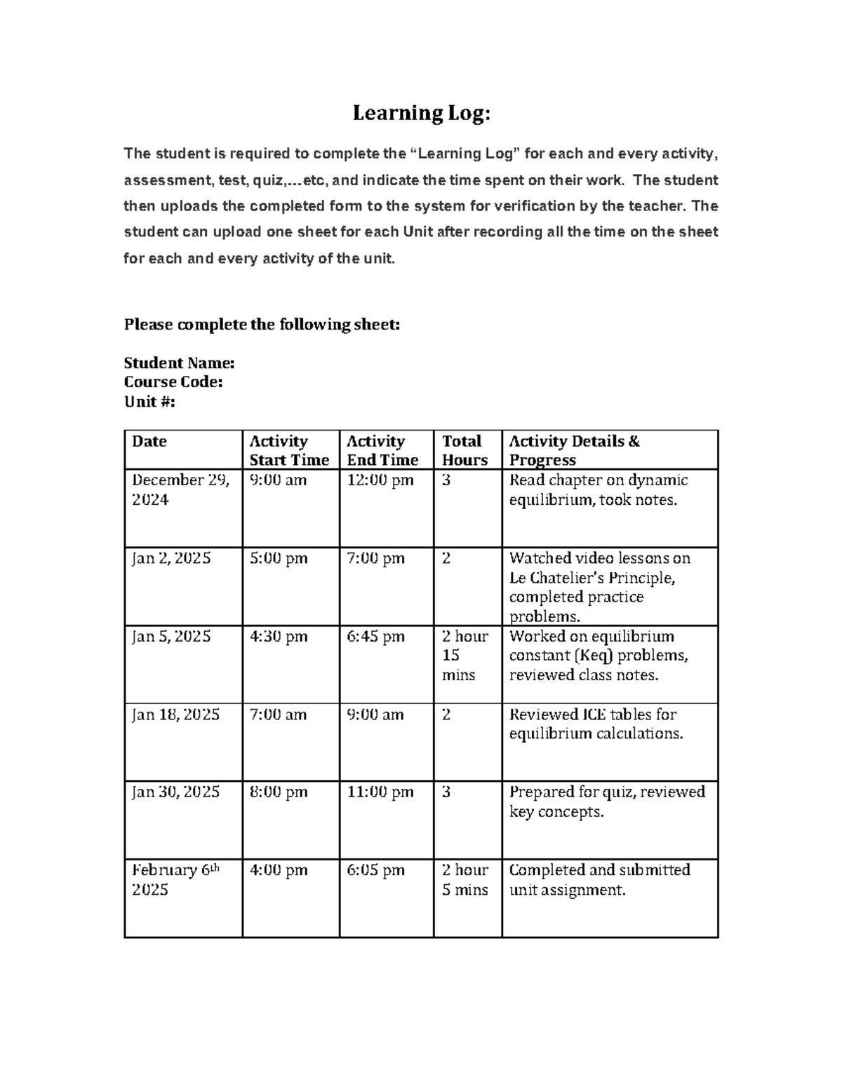 Learning Log - Learning Log: The student is required to complete the ...