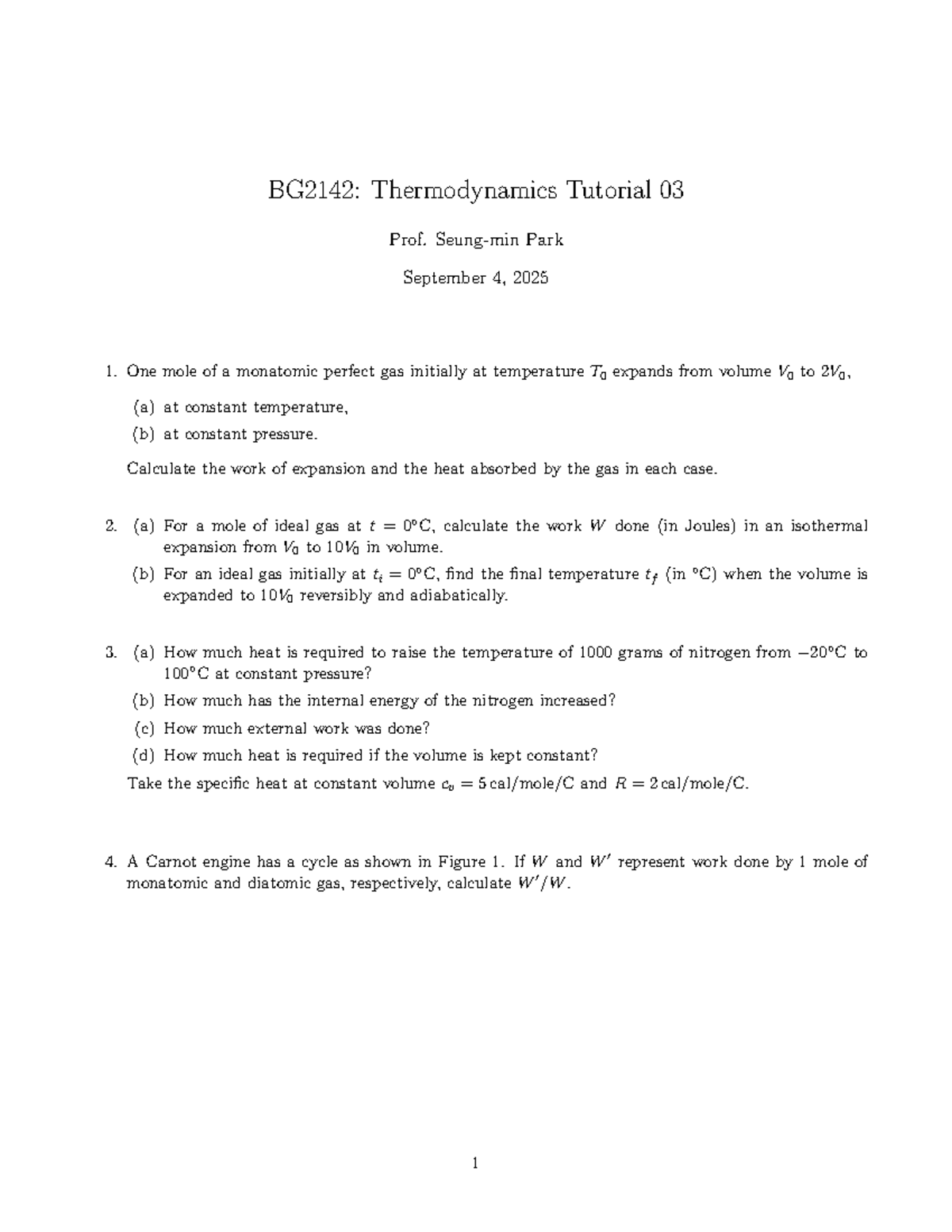 BG2142: Thermodynamics Tutorial 03 - Work and Heat Calculations - Studocu