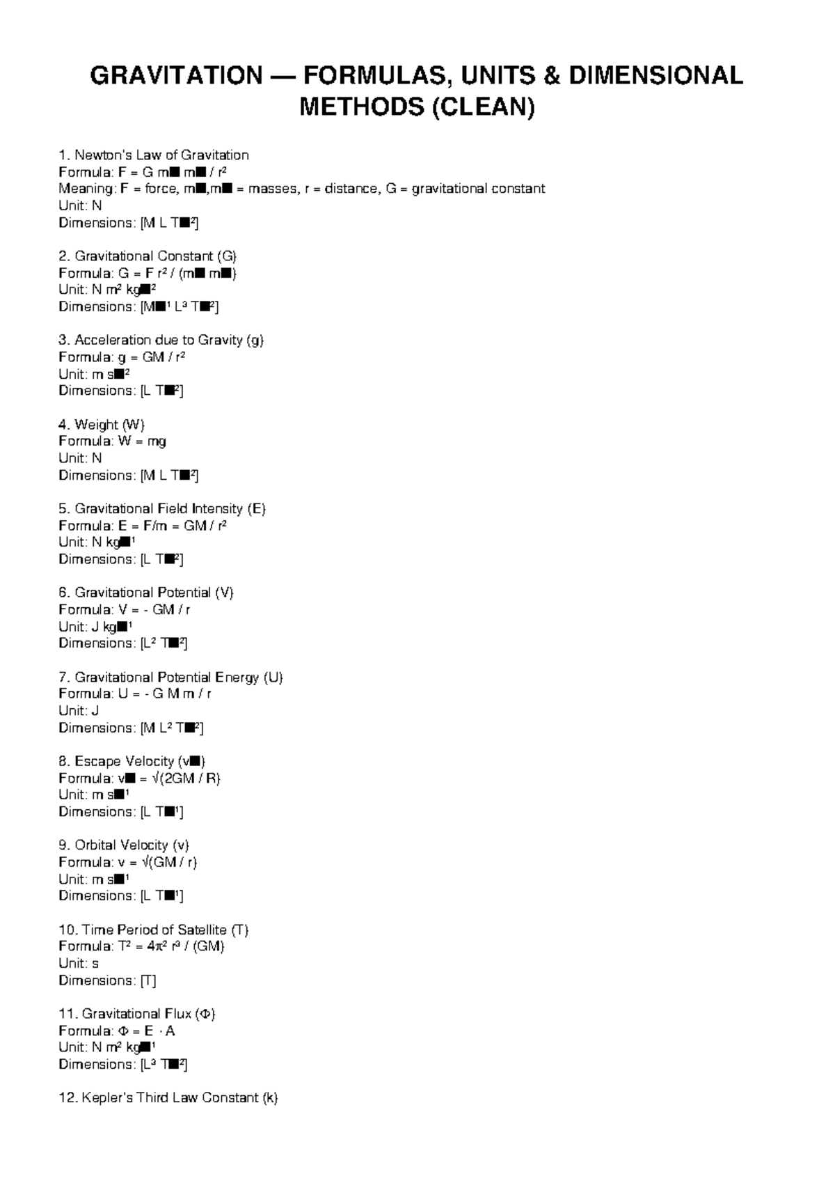 GRAVITATION FORMULAS, UNITS & DIMENSIONS (CLEAN) - Studocu