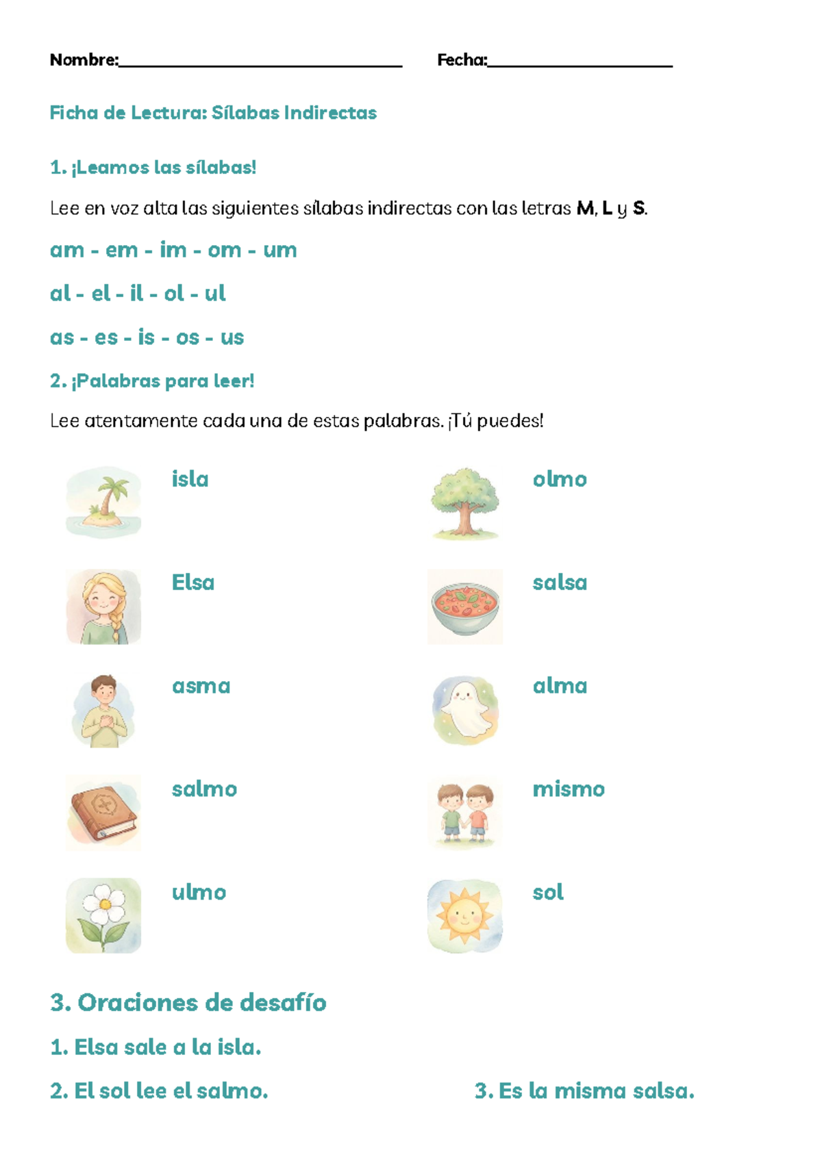 Ficha de lectura silabas indirectas - Nombre: Fecha: Ficha de Lectura ...