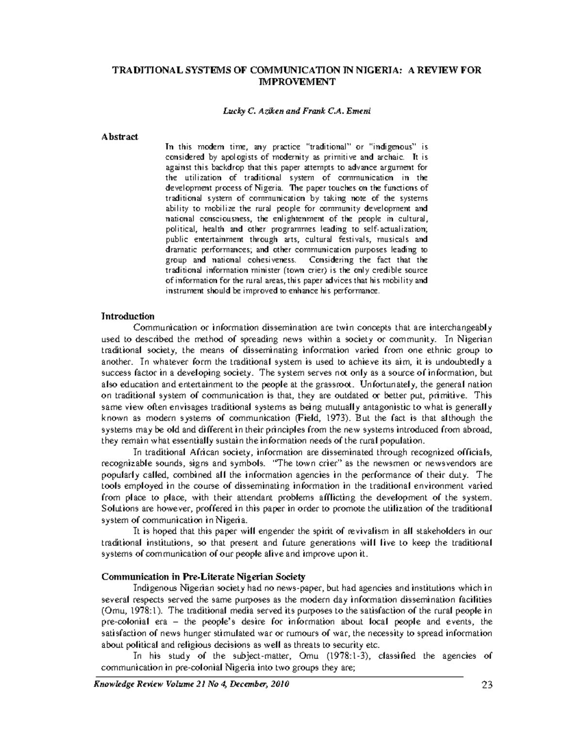 Traditional Communication Systems in Nigeria: A Review for Improvement ...