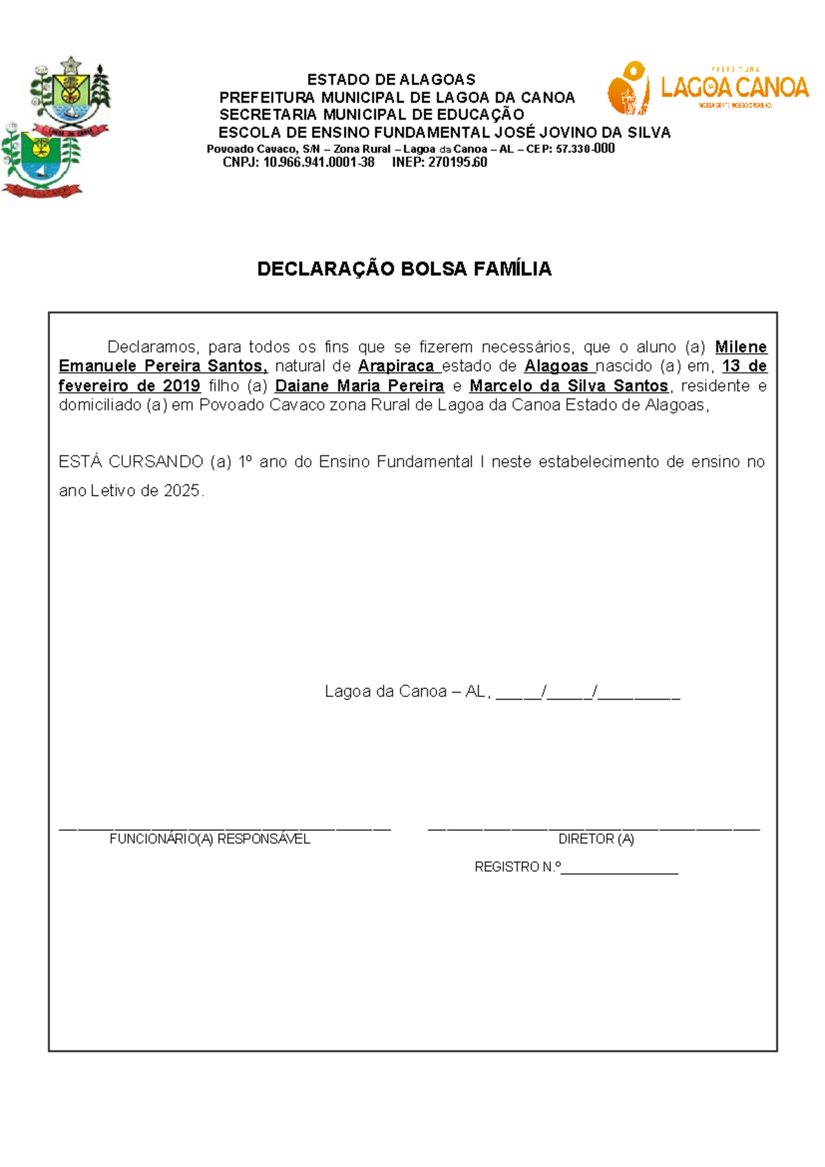 Declaração Bolsa Família - Aluno Milene Emanuele - 1º Ano Ensino ...
