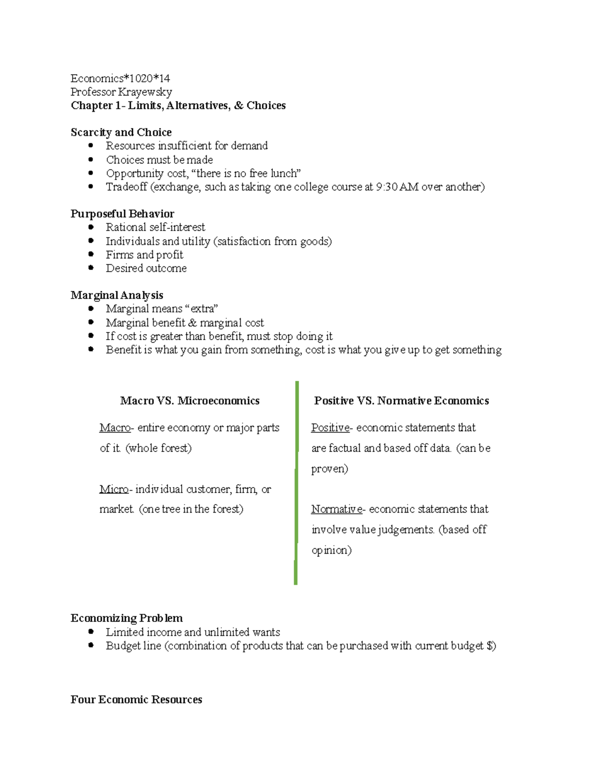 Chapter 1 Notes - Limits, Alternatives, and Choices (Econ 101) - Studocu