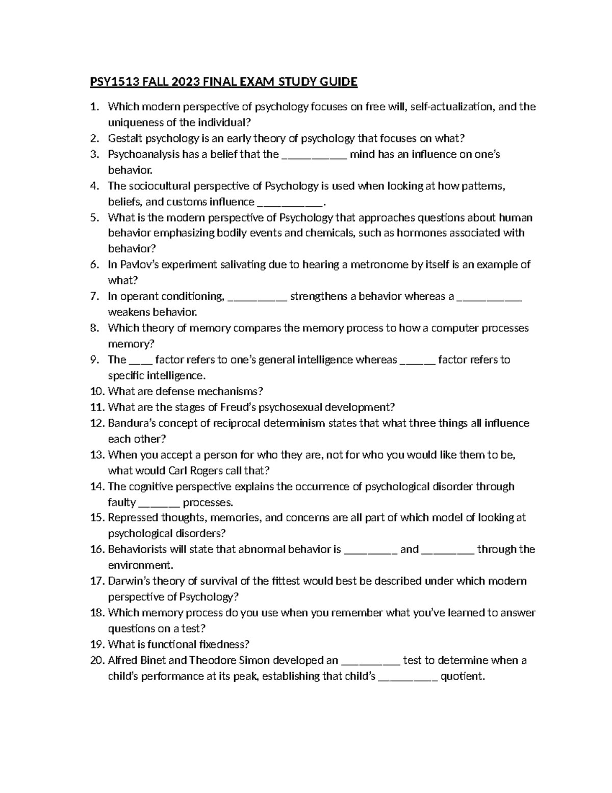PSY1513 FA23 Final Exam Study Guide for Psychology Perspectives - Studocu