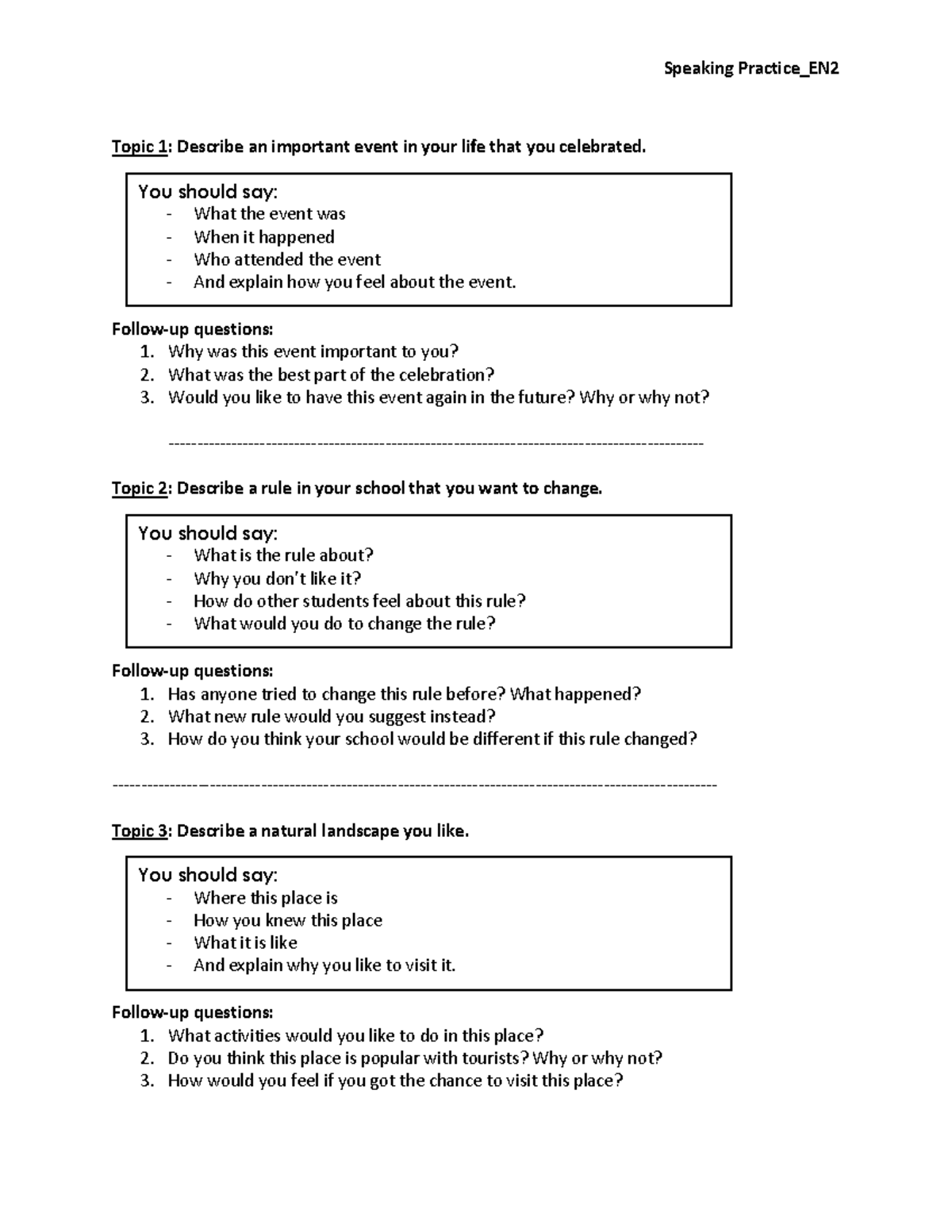 Speaking Practice Topics for Discussion & Improvement (ENG202) - Studocu