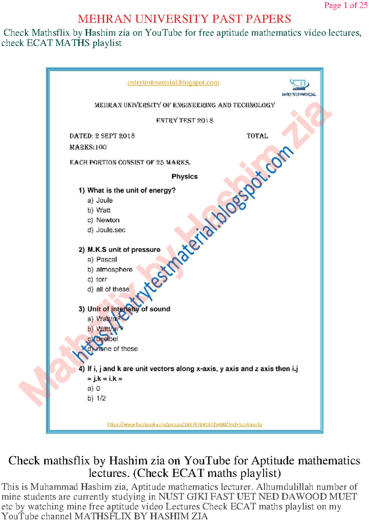 Mehran University PAST Papers: Aptitude Maths by Hashim Zia - Studocu