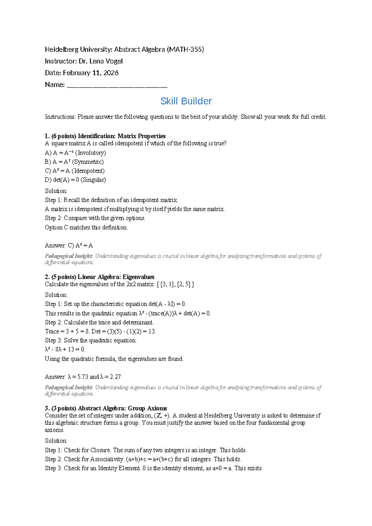 Algebra Skill Builder: Abstract Algebra & Linear Algebra Concepts - Studocu