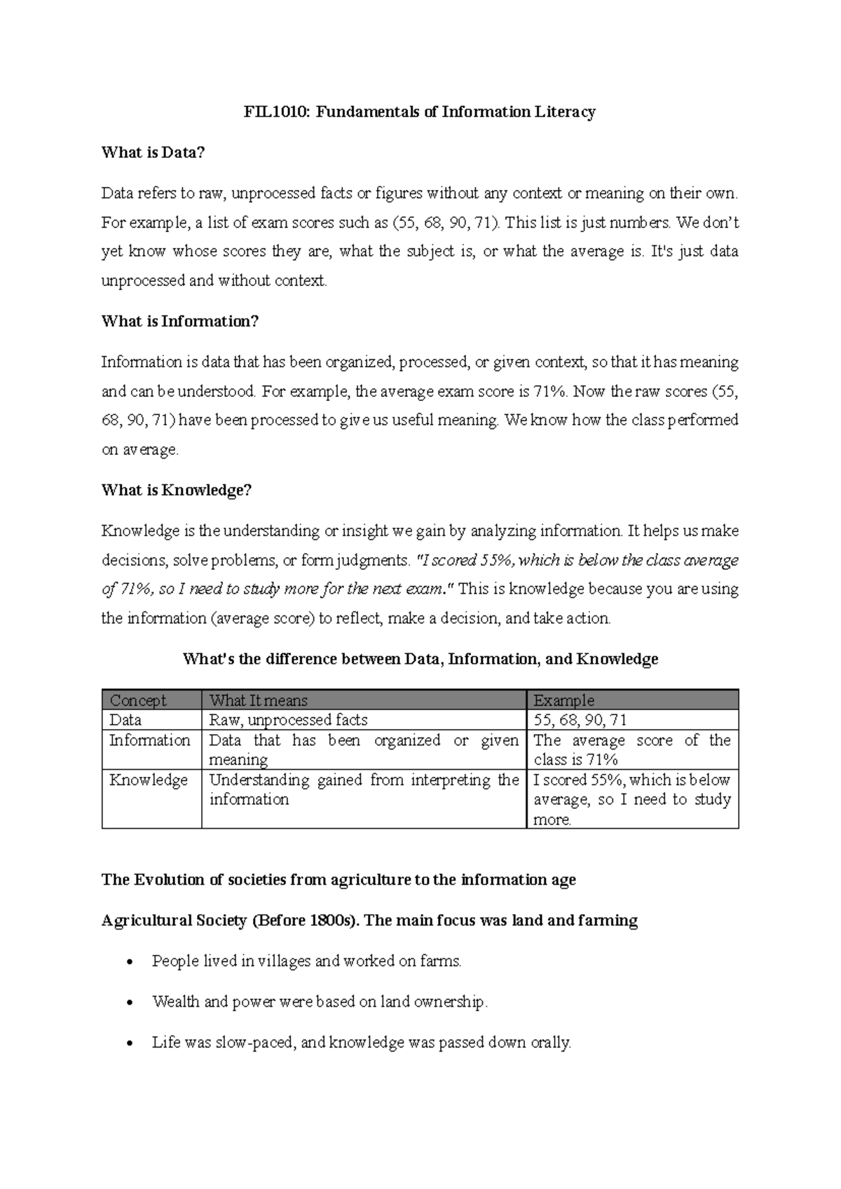 FIL1010: Week 1 Notes on Data, Information, and Knowledge - Studocu