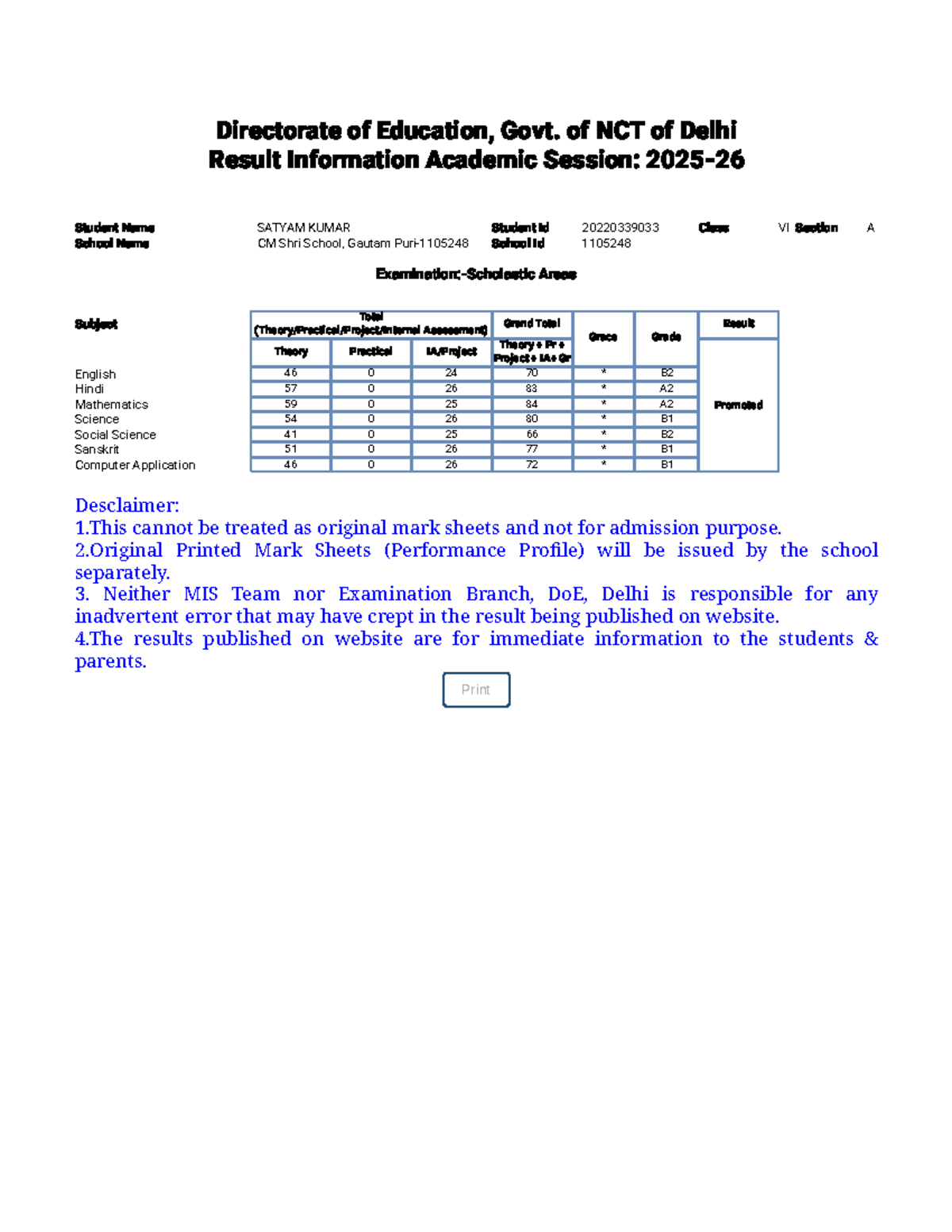 Result Information for Class VI - SATYAM KUMAR (2022-23) - Studocu