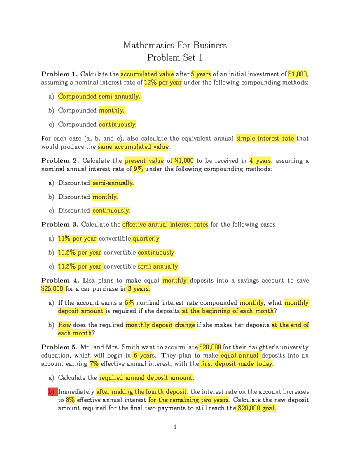 Mathematics for Business MB Problem Set 1: Investment & Loan ...