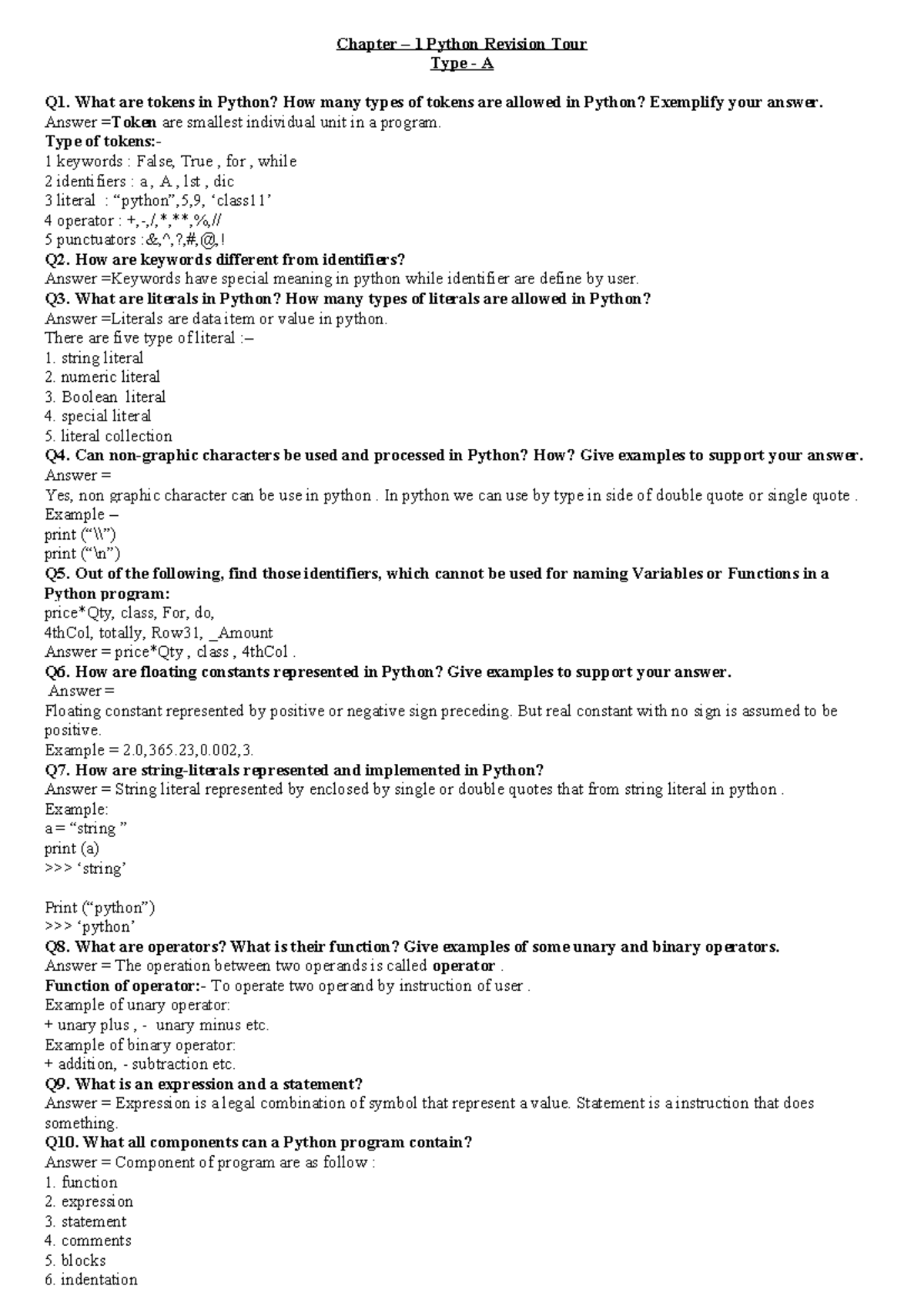 Chapter 1 Python Revision Notes - Tokens, Keywords, and Data Types ...