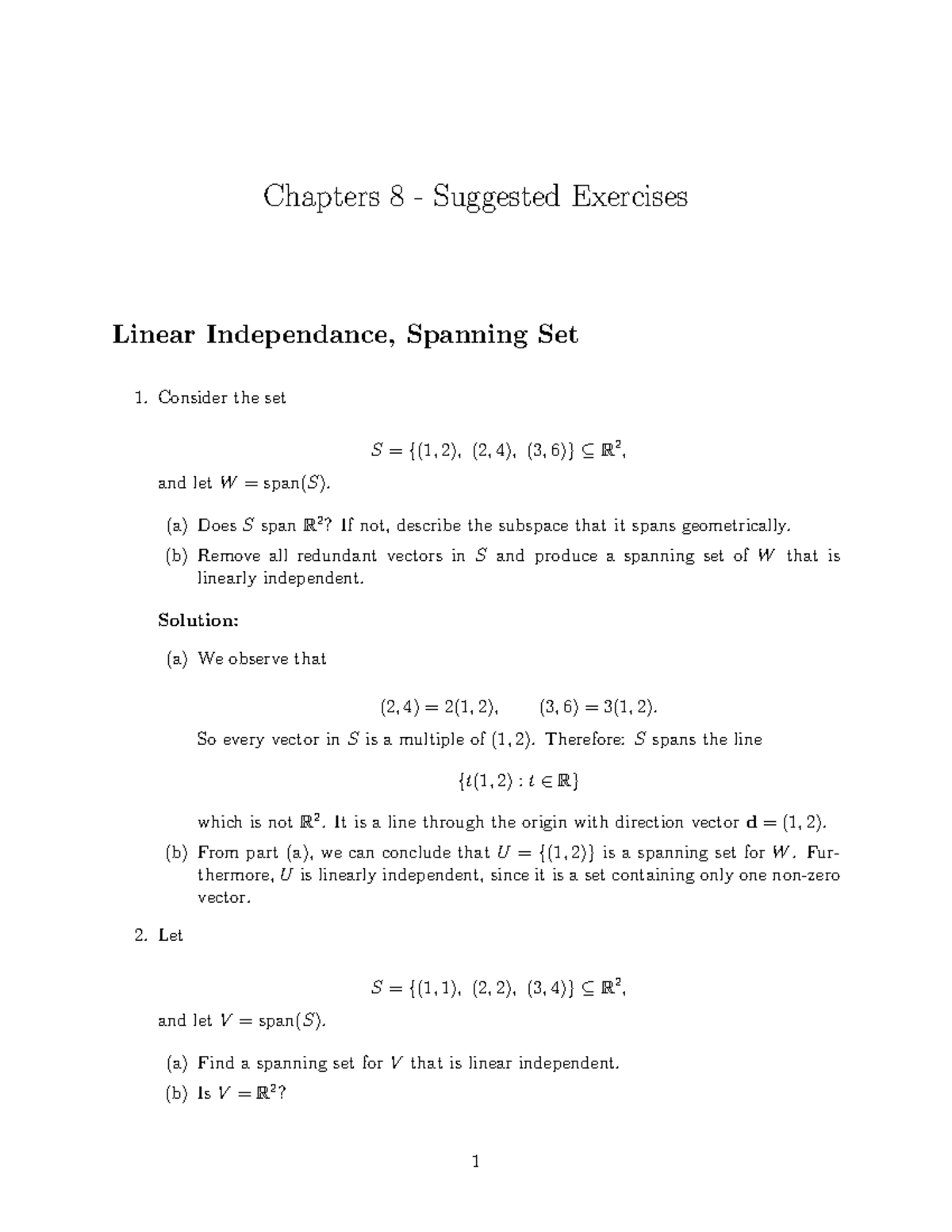 Chapter 8 Suggested Exercises on Linear Independence and Spanning Sets ...
