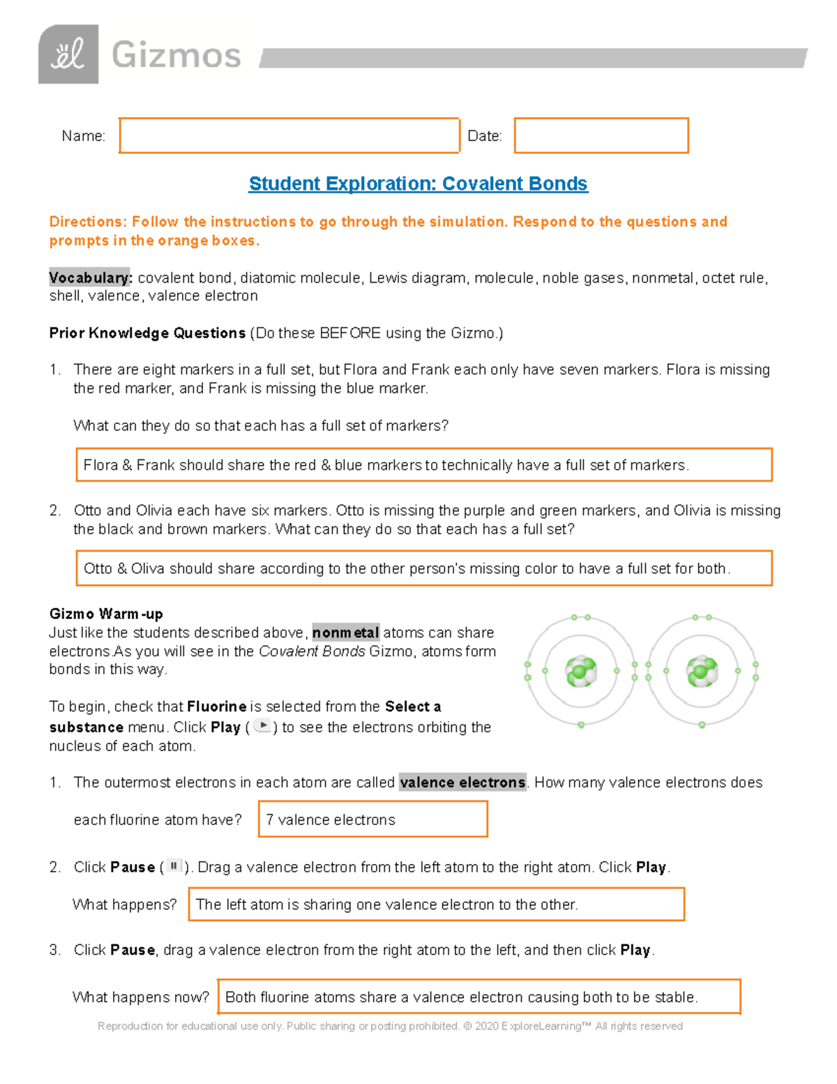 Covalent Bonds SE - Student Exploration Answer Key - Studocu