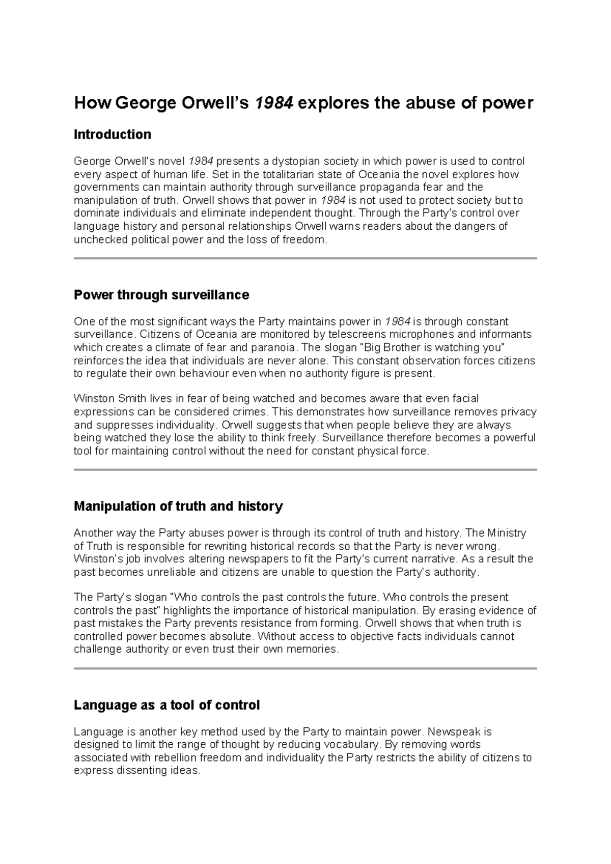 1984 Essay: Exploring Power Abuse in Orwell's Dystopia - Studocu