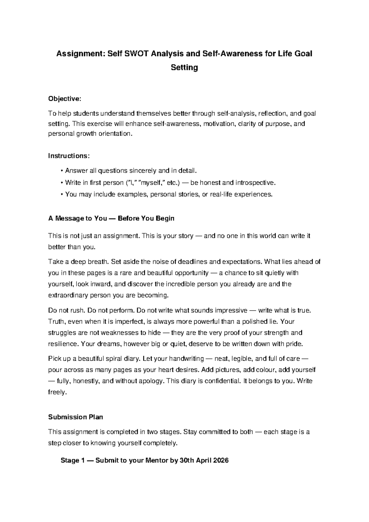 Assignment: Self SWOT Analysis & Life Goal Setting (Final 2026) - Studocu
