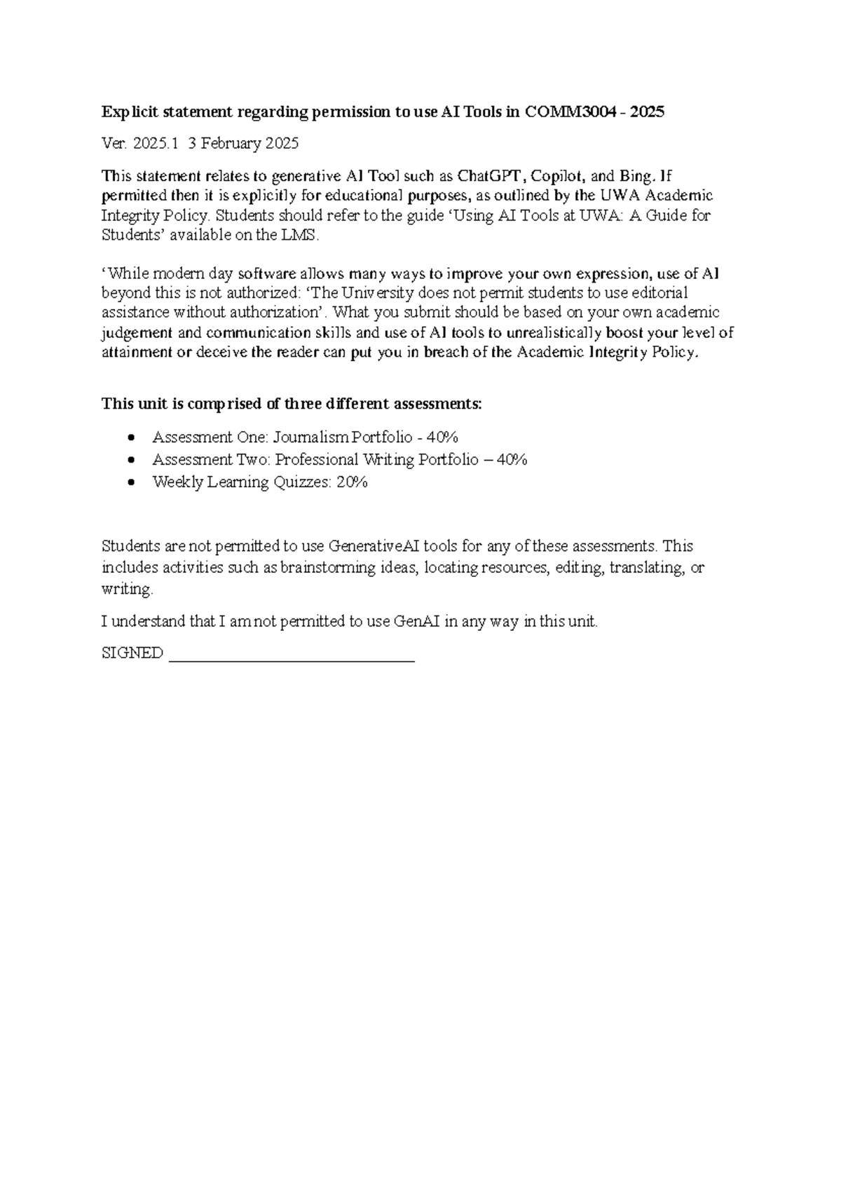 Explicit statement regarding permission to use AI Tools in COMM3004 ...