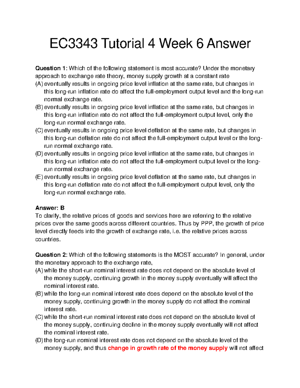 EC3343 Week 6 Tutorial 4 Answers on Monetary Approach to Exchange Rate ...