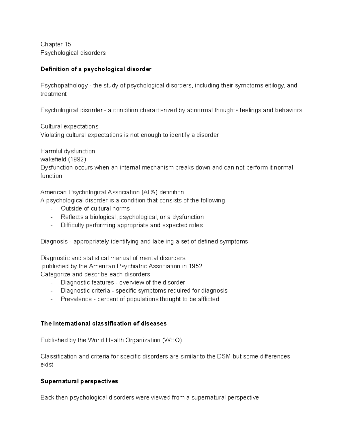 PSY 105 Chatper 15 - notes on lec - Chapter 15 Psychological disorders ...