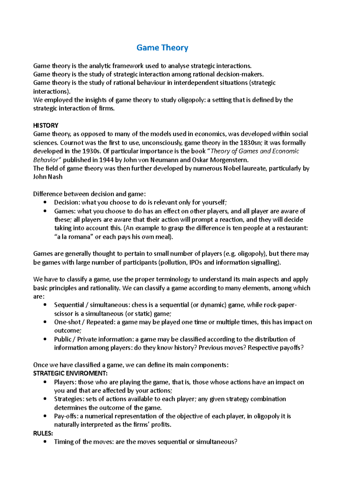 Game Theory - Notes on Strategic Interactions in Industrial ...