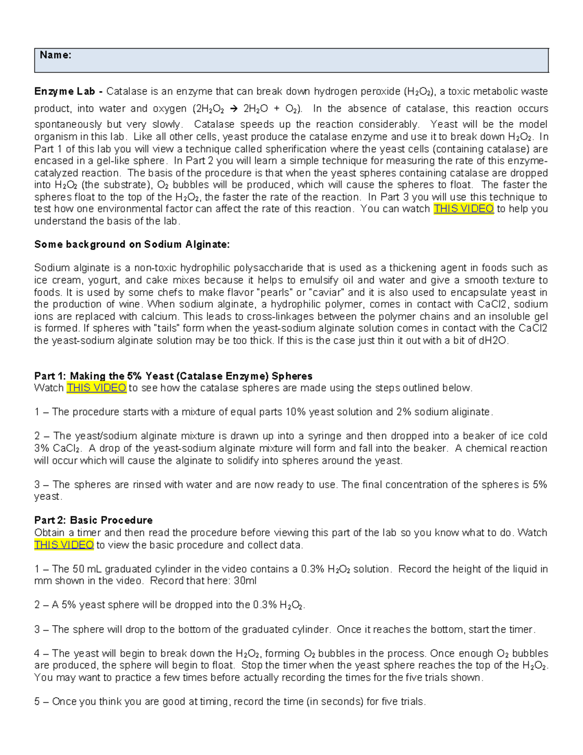 Copy of Enzyme Lab Yeast Spheres - Name: Enzyme Lab - Catalase is an ...