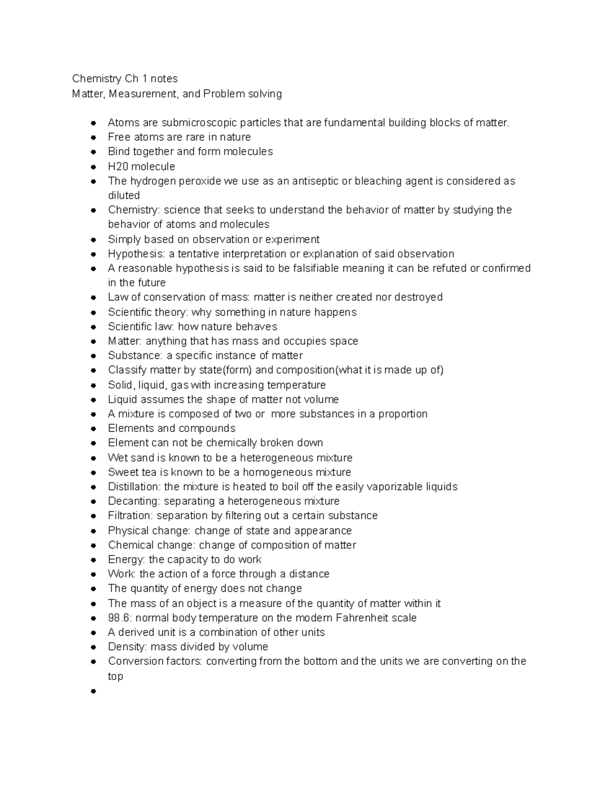 Chem 1 Final Exam Study Notes: Chapter 1 Overview of Matter - Studocu