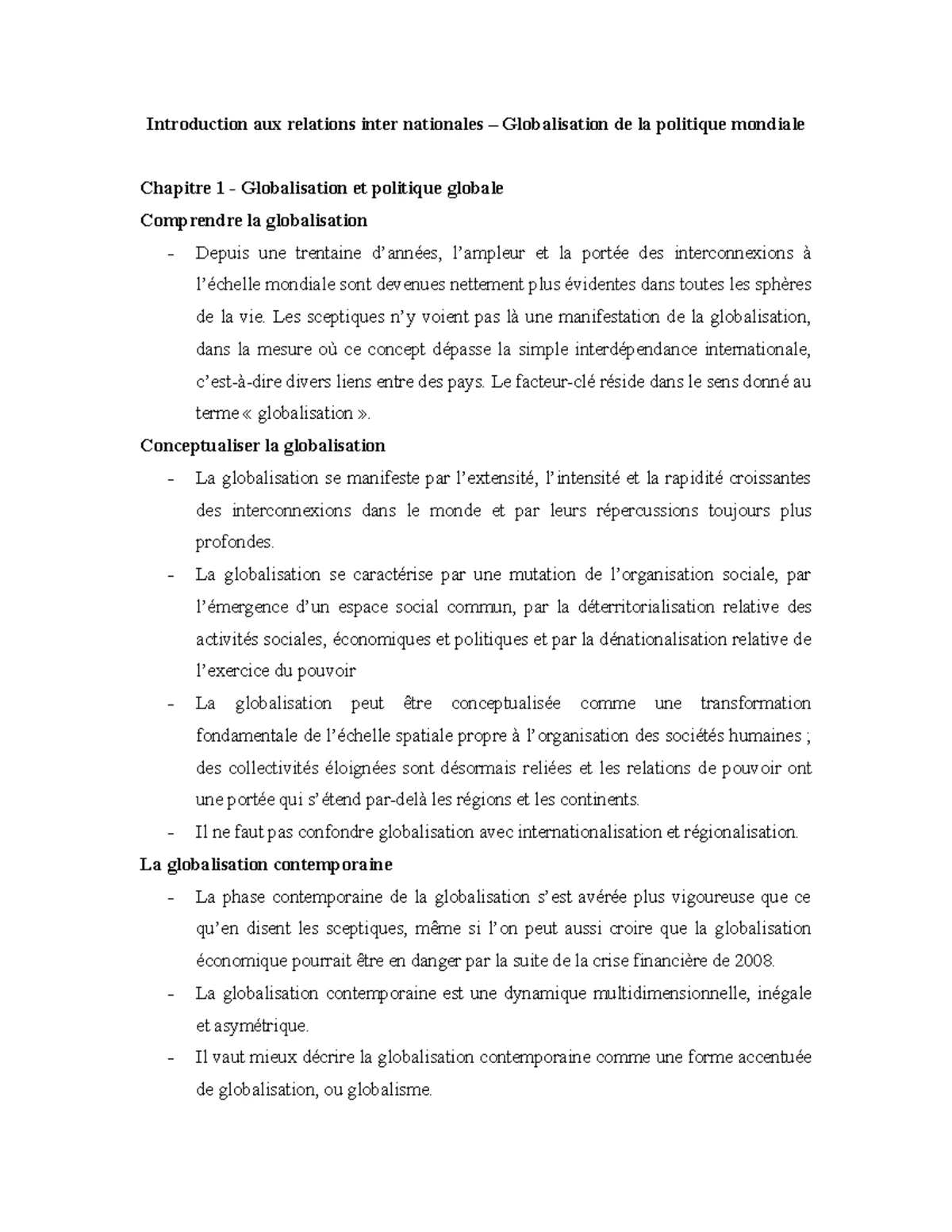 Notes de Cours: Politique et Mondialisation en Relations ...