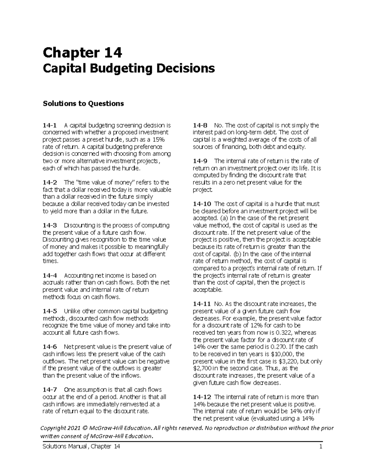 Managerial Accounting 25589412: Chapter 14 Capital Budgeting Solutions ...