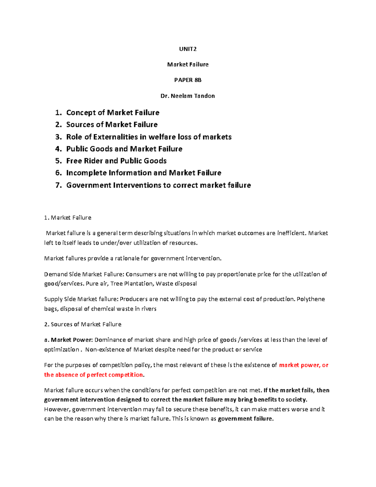 Market Failure - Detailed Notes for Paper 8B by Dr. Neelam Tandon - Studocu