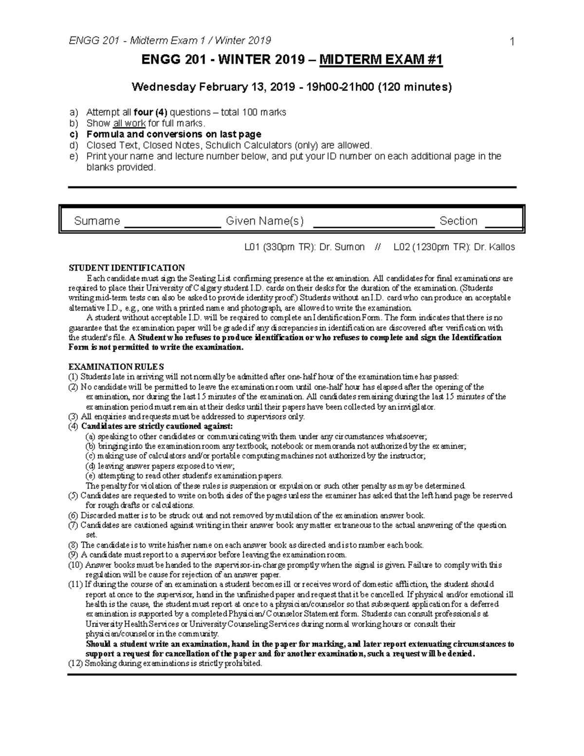 ENGG 201 Winter 2019 Midterm Exam 1 Solutions and Rules - Studocu