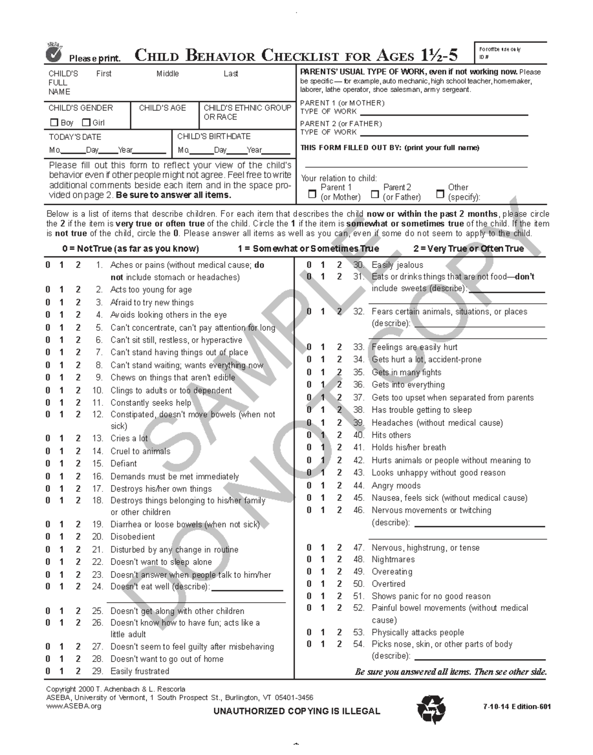 CBCL Age 1: Child Behavior Checklist for Ages 1-5 - Studocu