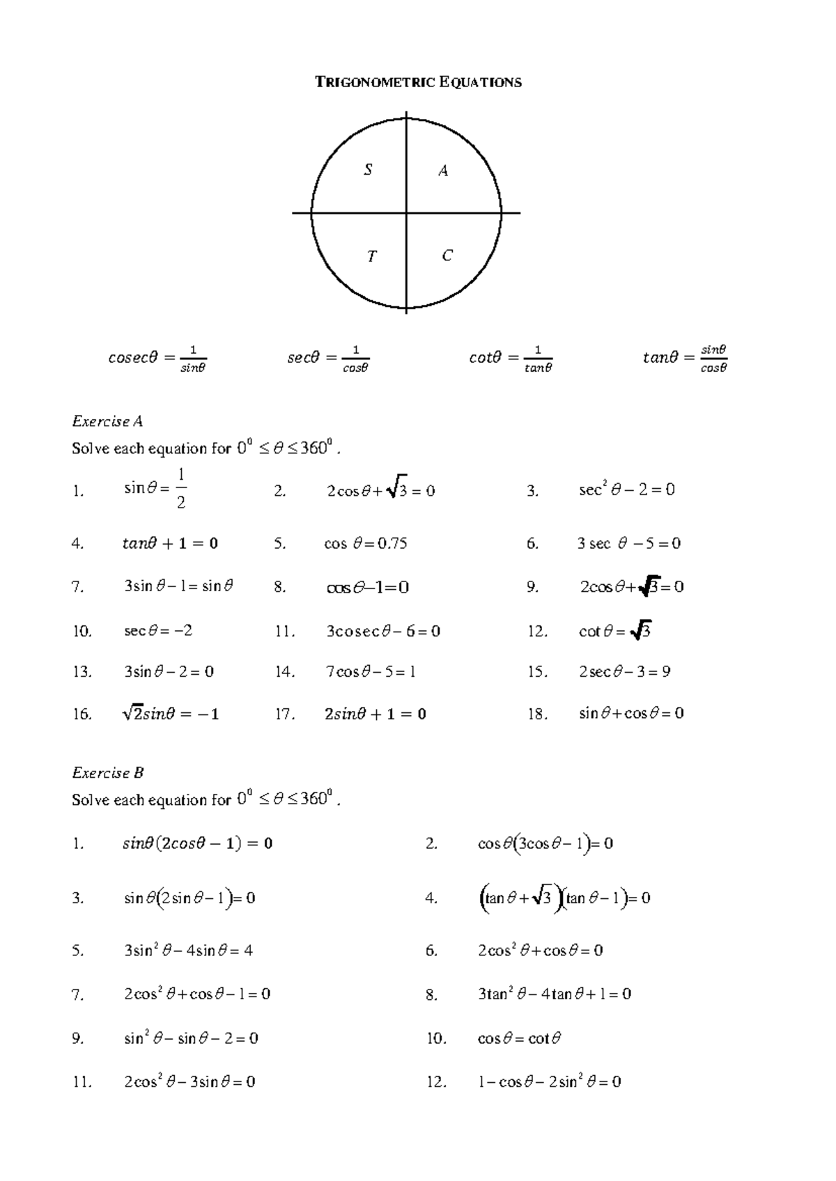 Trigonometric Equations - TRIGONOMETRIC EQUATIONS 𝑐𝑜𝑠𝑒𝑐𝜃 = 1 𝑠𝑖𝑛𝜃 𝑠𝑒𝑐𝜃 ...