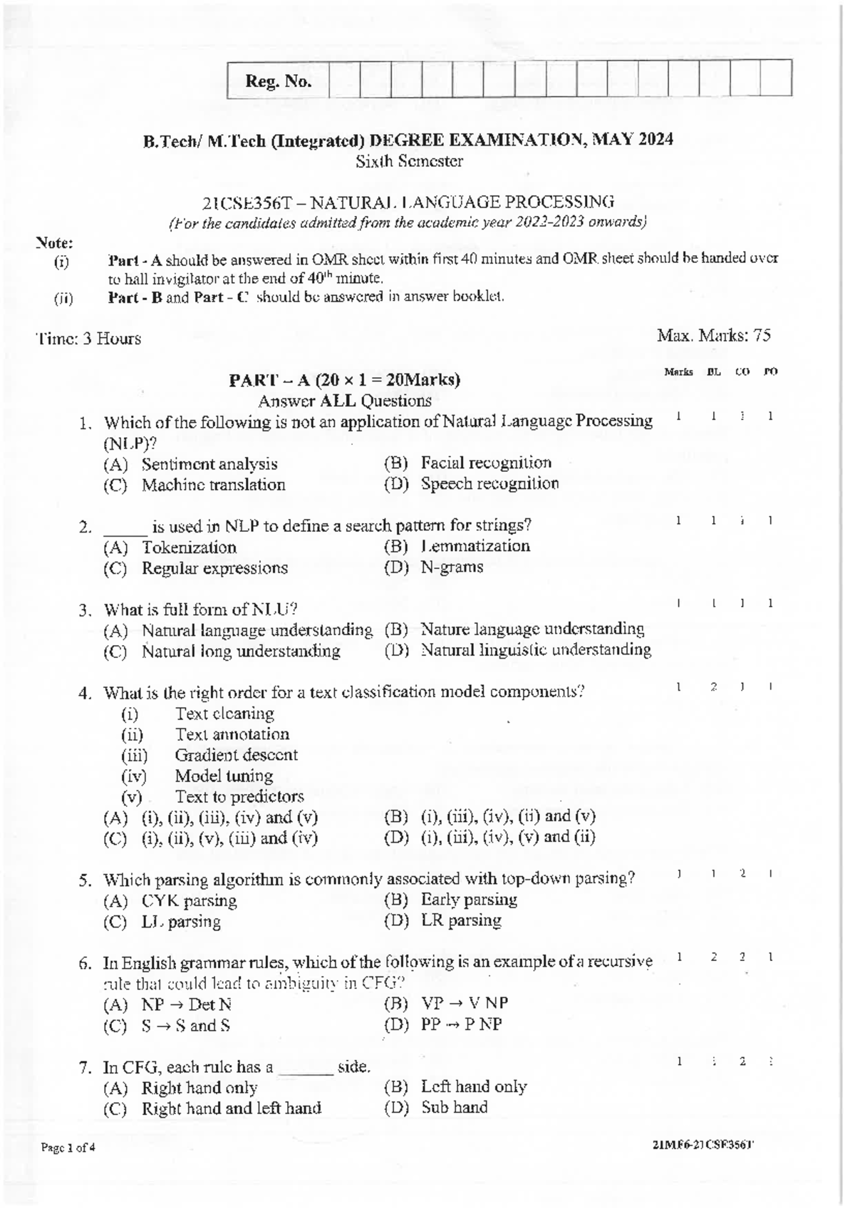M.Tech 6th Sem NLP Exam Paper - Reg. No. 21CSE356T, May 2024 - Studocu