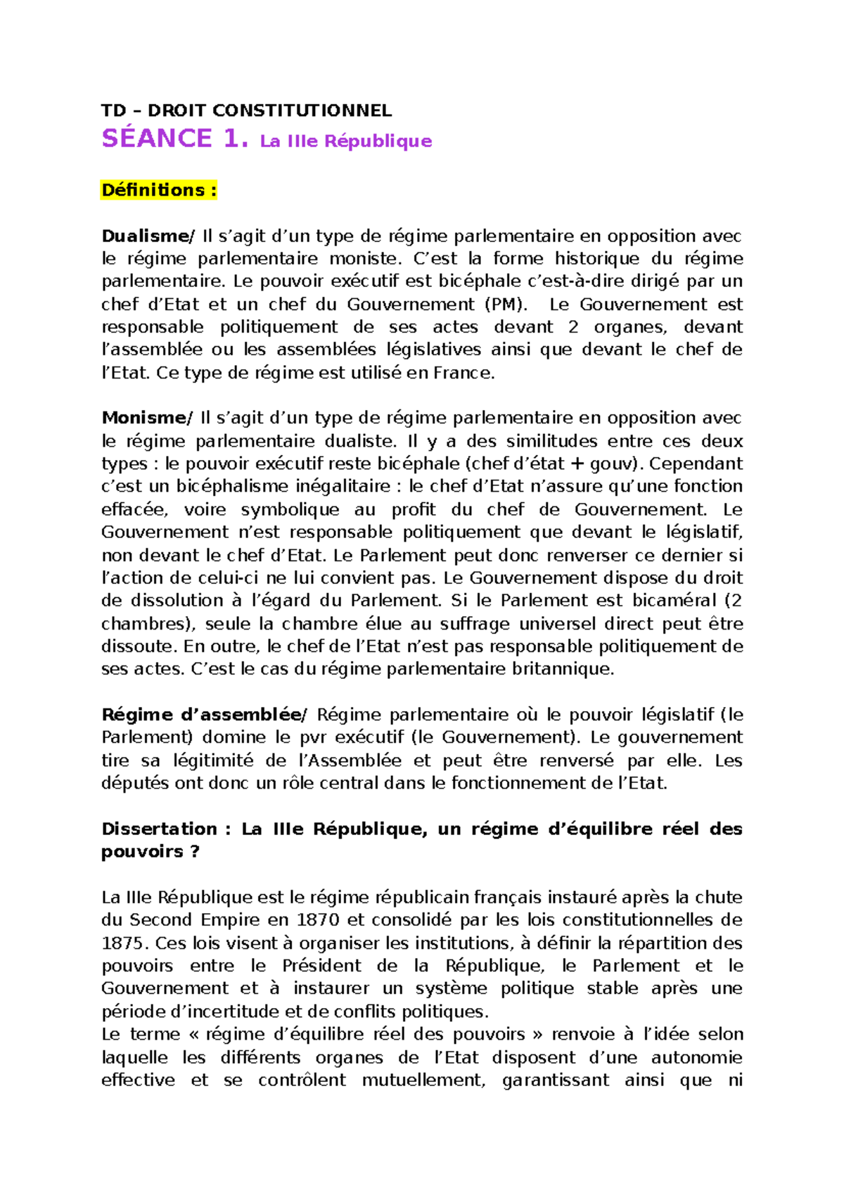 TD 1 S2 Droit Constitutionnel : La République et l'Équilibre des ...