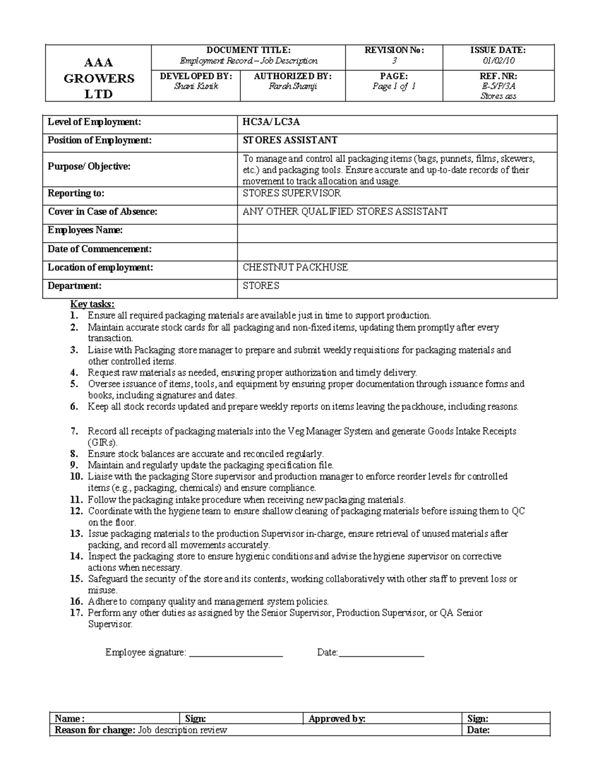GROWERS LTD: Job Description for Stores Assistant (LC3A) - Studocu