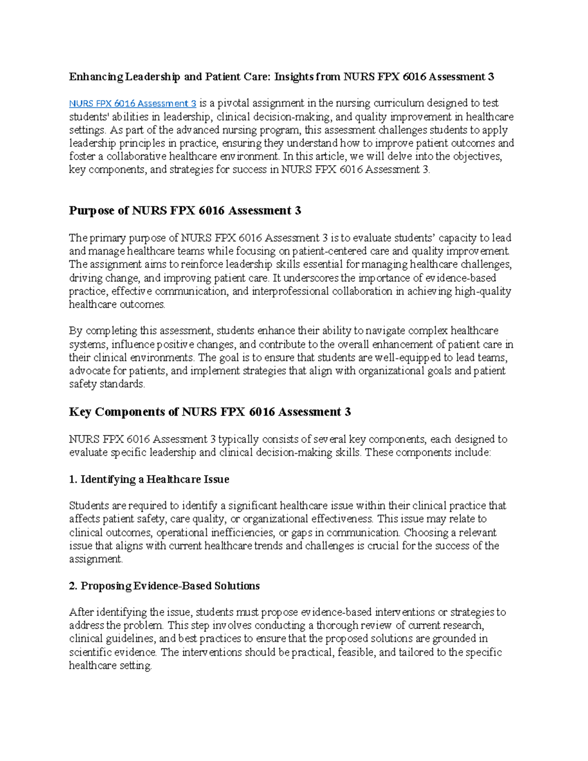 NURS FPX 6016 Assessment 3: Enhancing leadership and patient care ...