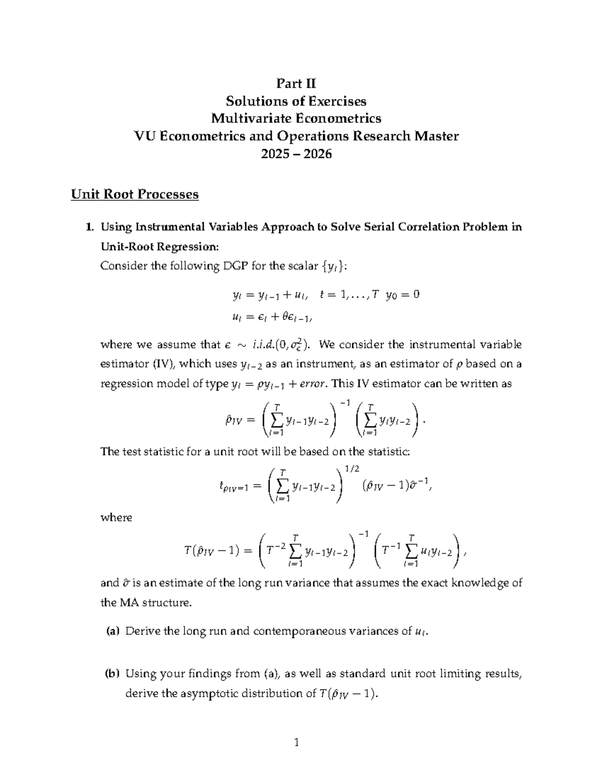VU Multivariate Econometrics Exercises Solutions Part II: Unit Root ...