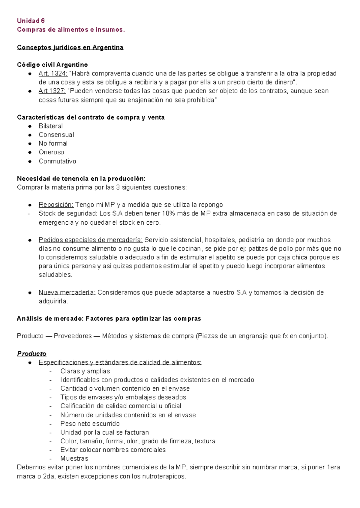 Unidad 6: Compras de Alimentos e Insumos - Apunte Jurídico - Studocu