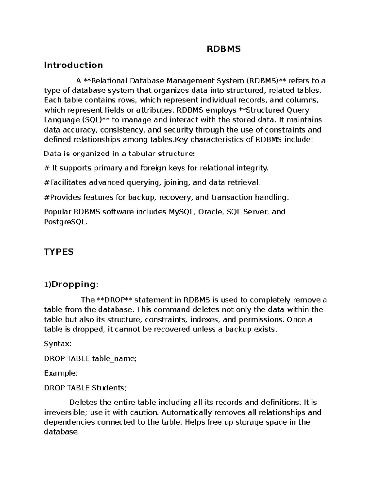 RDBMS Introduction: Key Concepts and Operations Explained - Studocu
